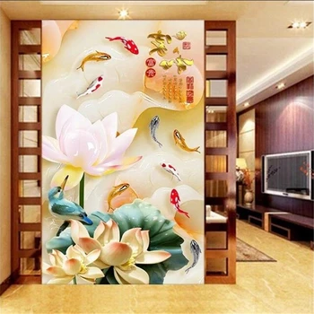 обои wellyu на заказ 3d обои фрески и богатая стереофоническая карта lotus nine fish, рельефная резьба по нефриту, обои для телевизора на заднем плане