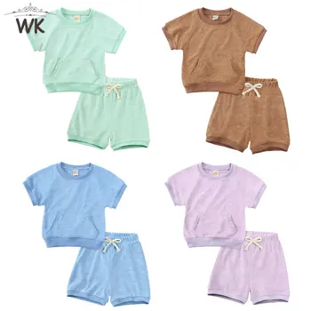 Одежда с карманами для маленьких мальчиков и девочек, летняя одежда для малышей, хлопковая футболка из полиэстера с коротким рукавом + шорты, комплект из 2 предметов, детский пуловер, комплект из 2 предметов