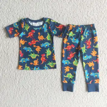 Оптовая продажа без MOQ RTS Детская одежда для мальчиков, костюмы, детские синие пижамные комплекты, наряды динозавров для малышей