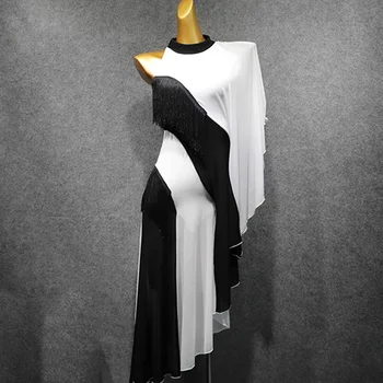 Осеннее платье для латиноамериканских танцев 2020, женское платье черного + белого цвета с контрастной строчкой, Конкурсное платье с бахромой, платье для сальсы