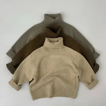 Осенние детские свитера для маленьких мальчиков и девочек, Водолазка с длинным рукавом, пуловер с воротом, Детский свитер, свитера для мальчиков и девочек плотной вязки