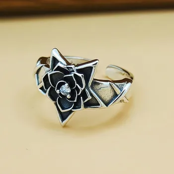 Персонализированное винтажное кольцо из стерлингового серебра S925 пробы с белым цирконом, цветком Лотоса и звездой, с небольшим дизайнерским смыслом и крутым стилем