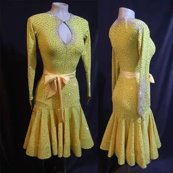 Платье для соревнований по латиноамериканским танцам Цвет желтый, латиноамериканская одежда с длинным рукавом и стразами, платье для латиноамериканских танцев, костюм для латиноамериканских танцев Румба
