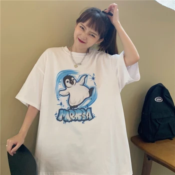 Повседневная Свободная футболка с надписью Penguin Ins, Женские футболки, Топы, японский Каваи Улззанг, женская Корейская Одежда в стиле Харадзюку Для женщин
