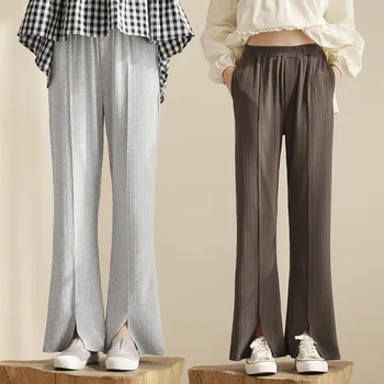 Повседневные прямые драповые брюки для больших девочек, трикотажные эластичные детские брюки с разрезным подолом, Весенне-осенняя летняя одежда для подростков, брюки