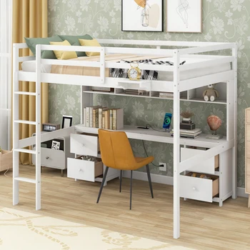 Полноразмерная кровать-чердак с письменным столом, шкафчиками, выдвижными ящиками и прикроватной тумбочкой, зарядная станция, белый