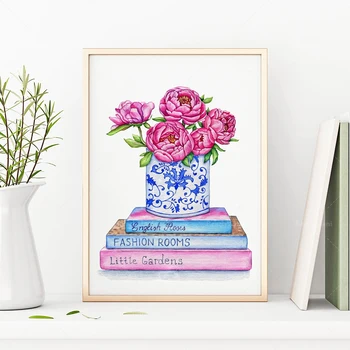 Принт пиона, книжный принт, настенное искусство в цветочном стиле шинуазри, современный минимализм, розовый плакат для украшения стен