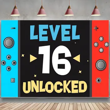 Разблокирован 16-й уровень Happy 16th Birthday Party Баннер на повышение уровня Фон Молодежная тема видеоигры Декор для мальчиков и девочек