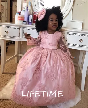 Розовое платье с длинными рукавами на день рождения для маленькой девочки, кружевная аппликация, большой атласный бант, платье в цветочек для девочки, детское платье для фотосессии на день рождения