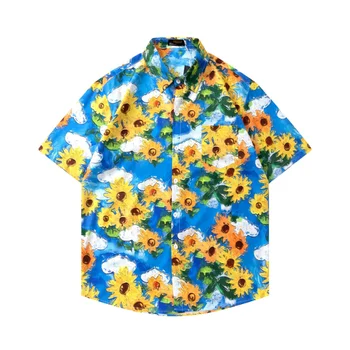 Рубашка мужская 2023, Новая свободная рубашка с коротким рукавом в стиле ретро с подсолнухом, Camisas Y Blusas, мужская одежда Рубашка