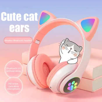 Светодиодные наушники с милыми кошачьими ушками, беспроводная гарнитура Bluetooth с микрофоном TF FM, стереомузыкальный наушник для девочки, подарок для котенка