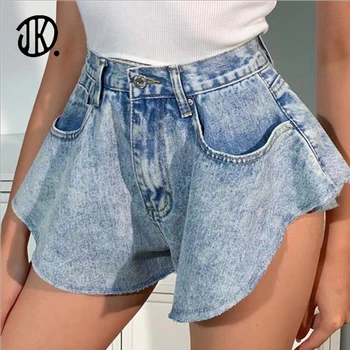 Синие джинсовые шорты, женские короткие джинсы с широкими штанинами, винтажные женские шорты на пуговицах с высокой талией, летние сексуальные мини-шорты с карманами