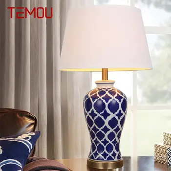 Современная Керамическая Синяя настольная лампа TEMOU Креативная Винтажная Прикроватная Светодиодная настольная лампа для домашнего декора гостиной спальни