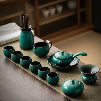 Сосново-зеленый Керамический Чайный сервиз, Домашний чайник для заварки чая в японском стиле, Ретро Креативная Боковая ручка, Кунг-фу Чайник и набор чашек