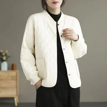 Стеганая одежда с хлопчатобумажной подкладкой, женская хлопковая куртка в ромбическом стиле, осень-зима, короткое пальто для мамы, свободные, с большим карманом, одноцветное изделие, белый