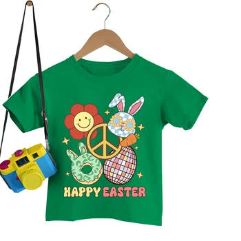 Топы с Пасхой для детей, футболка с изображением Пасхального кролика для девочек Y2K, винтажные футболки со знаком мира для мальчиков, детская одежда с цветами в стиле Харадзюку
