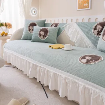 Французская плюшевая диванная подушка с оборками, простая современная мультяшная нашивка, утолщенный нескользящий чехол для подушки, зимняя ткань