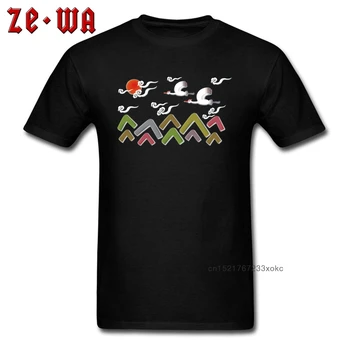Черная футболка Для мужчин, футболки в японском стиле, футболка Harajuku, цветная гора, одежда с принтом журавля, абстрактная сцена, повседневные хлопчатобумажные топы