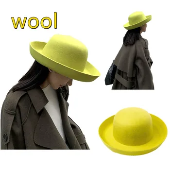 Шерстяная фетровая шляпа с флуоресцентным зеленым куполом, завивающаяся с большими полями, шерстяной цилиндр для путешествий, моделирование на открытом воздухе с фетровой шляпой jazz панама