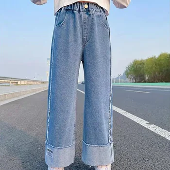 Широкие брюки для девочек, весенне-осенняя одежда, карманы, модные джинсы, корейские детские брюки свободного кроя на пуговицах