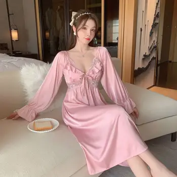 Элегантная ночная рубашка в дворцовом стиле, женская Длинная ночная рубашка, Женская пижама, халат, сексуальная кружевная ночная одежда в стиле пэчворк, повседневное домашнее платье